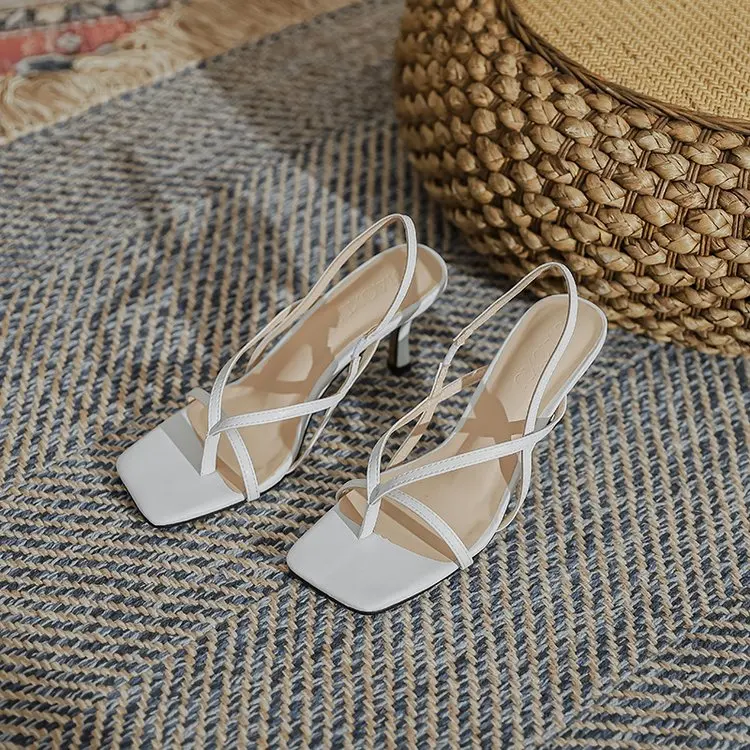 

Comfort Shoes for Women Square Toe Luxury Sandals Cross-Shoes All-Match Strappy Heels Suit Female Beige Med Flip Flops Platform