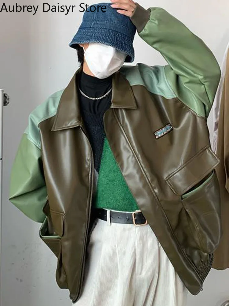 Korean Fashion Leather Jacket Women Winter Streetwear Warm Biker Zipper Jacket Vintage Chic Patchwork Loose Harajuku Coat 2022