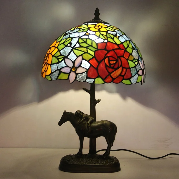 

LongHuiJing Tiffany Table Lamps Red Rose Stained glass lampshade Standing Lamp With Resin Horse Carrying Kid Base