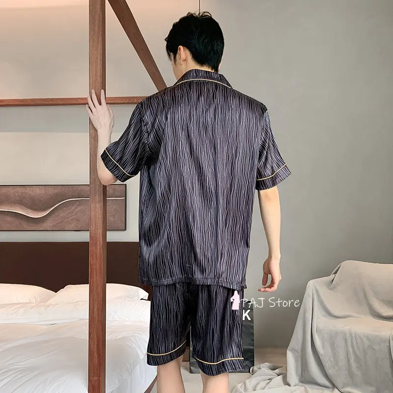 Men Pajama Sets Silk Satin Pijama Turn-down Collar Sleepwear Short Sleeve Spring Nightwear 2 Pieces Sets Homewear L-5XL