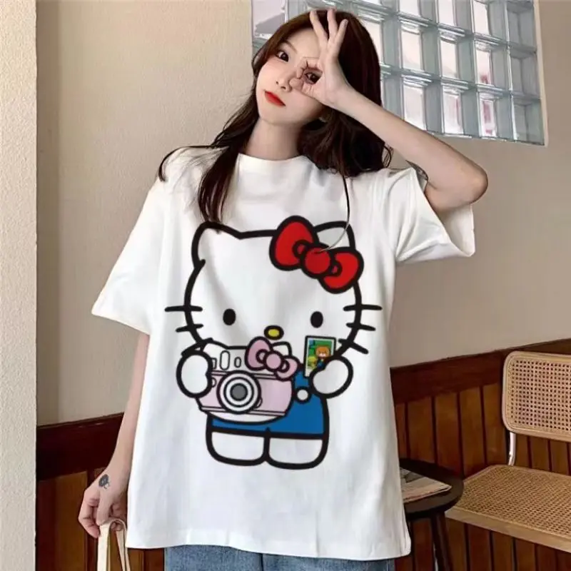 

Sanrio Kuromi Hello Kitty y2k top Tshirt Kawaii Anime cosplay Accessories Oversize Fashion Printed Couple Short Sleev Girl Gifts