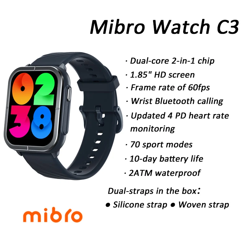 

Mibro C3 Smartwatch Global Version 1.85Inch HD Screen 70 Sports Modes 350mAh Heart Rate Monitor Waterproof Men Women Smart Watch