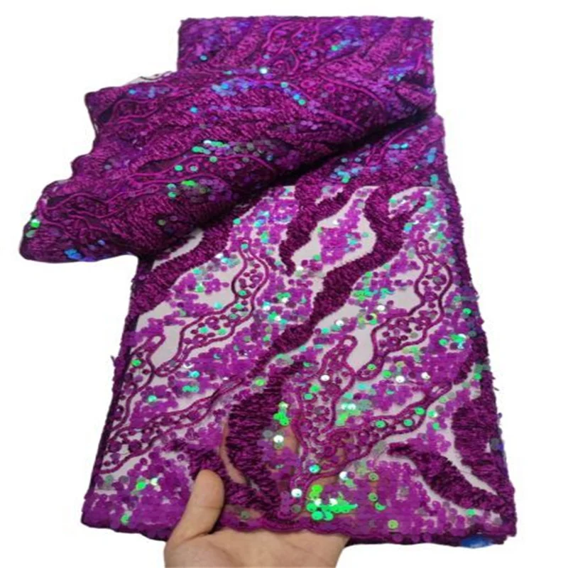 

2022 Royal Blue Sequence African Lace Fabric 5 Yards High Quality 3d Sequin Nigerian Wedding Purple Lace Material Luxury Fabrics