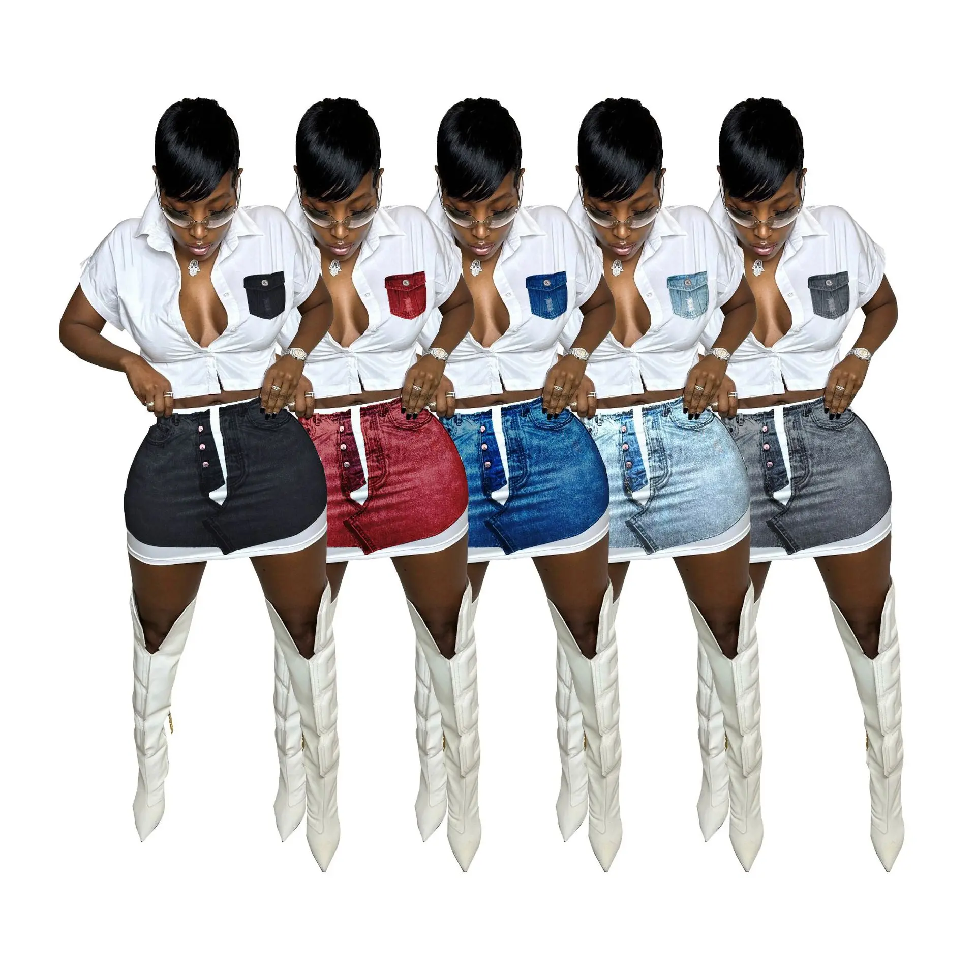 

Casual Women Skirt Two Piece Set Patchwork Shirt + Mini Dress Slim Sportsuit Matching Set Clothes For Women Outfit