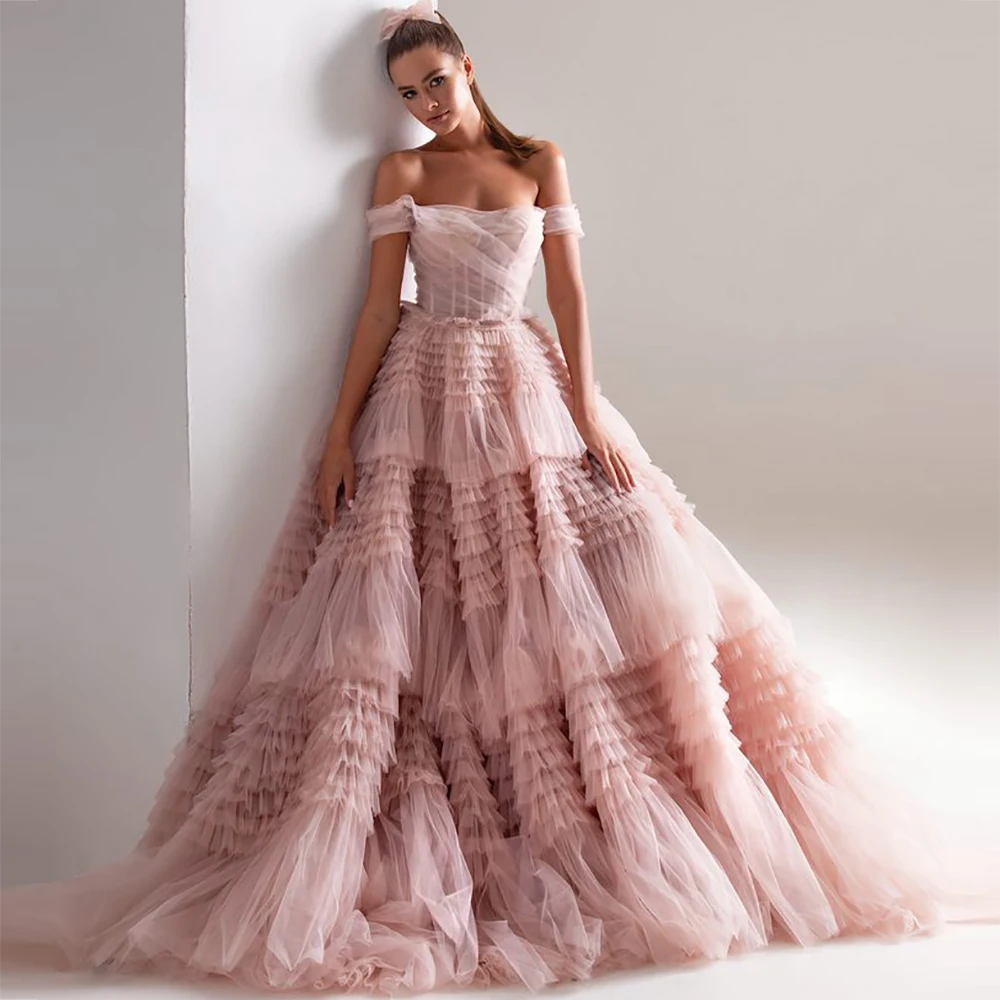 

Dusty Pink Long Prom Dresses Sweetheart Crumpled Tulle Ruffles Evening Party Gowns Off Shoulder Tiered A Line Party Dress