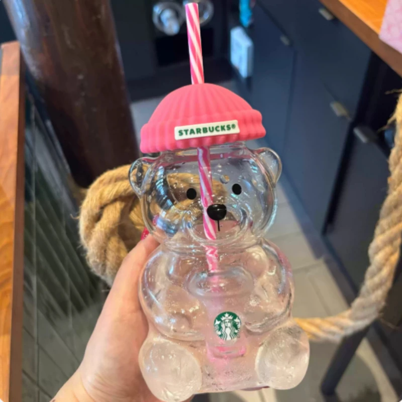 Коллекционный стакан Starbucks Korea Limited Release, 591 мл, стеклянный, в форме медведя, с розовой силиконовой крышкой и полосатой соломинкой. (art.: 3920dbfcaf463) - 3920dbfcaf463