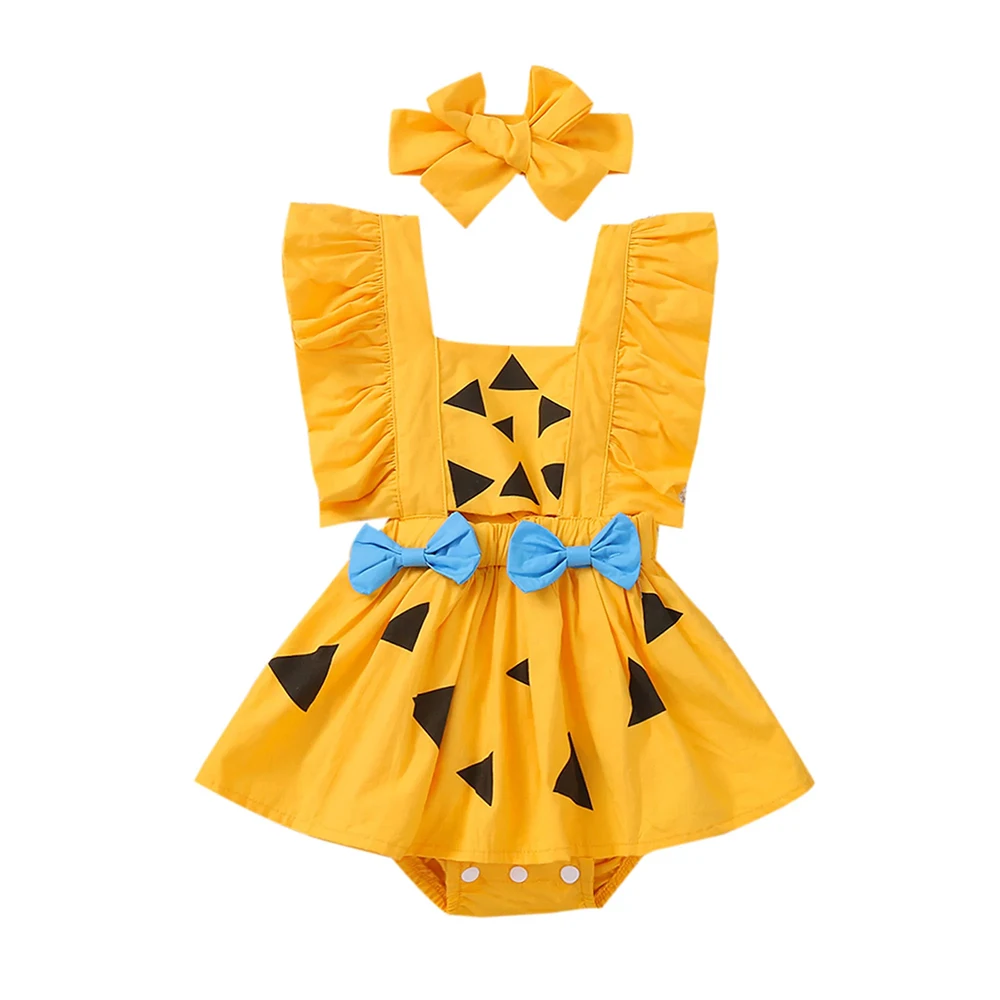 

New Halloween Outfit Bow Pearl Sleeve Yellow Toddler Baby Girls Romper Matches Hairband