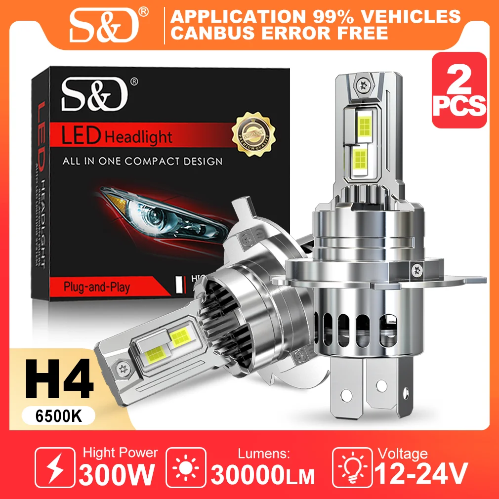 

S&D H4 Светодиодные автомобильные фары 30000LM 300W 6500K CSP Chip Turbo Fan Супер яркие автоматические светодиодные лампы Canbus Мотоциклетная лампа 12-14V
