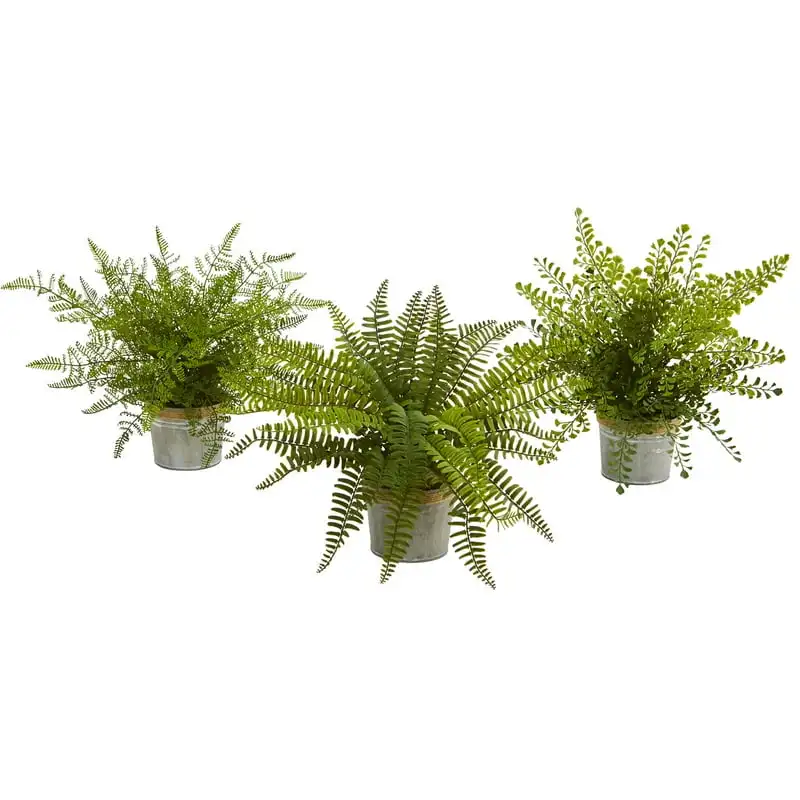 

14" Assorted Green Ferns Artificial Plant with Planter, Set of 3