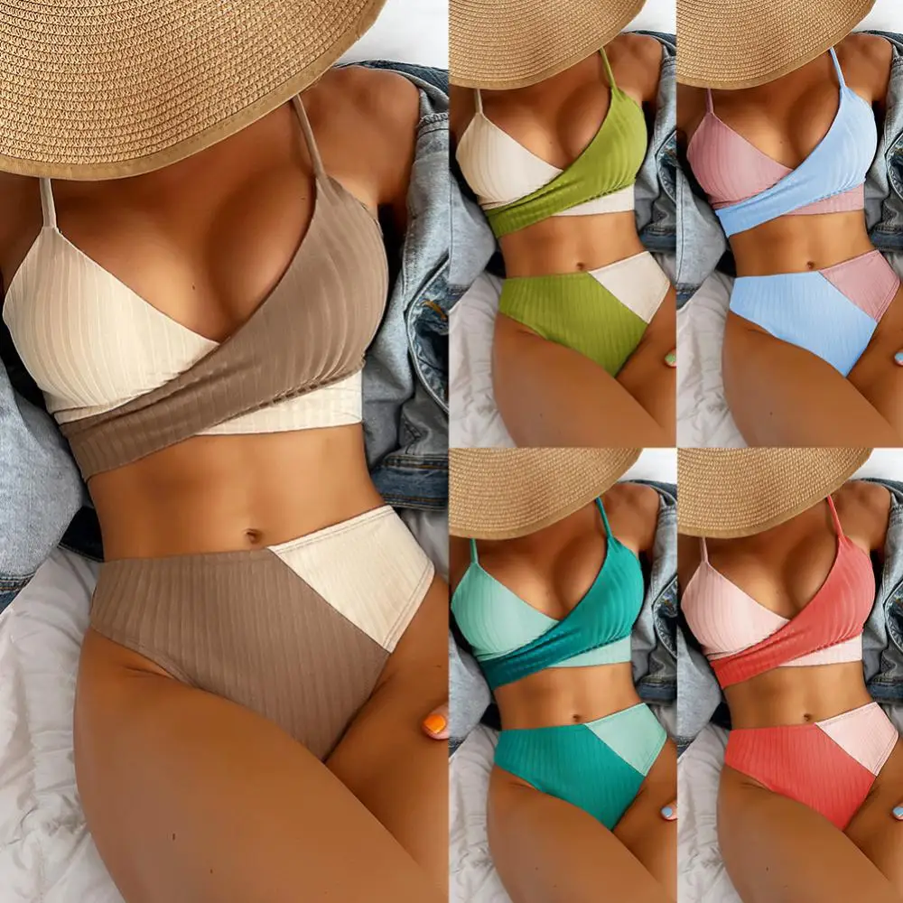 

Fashion Women Sexy Bikinis Cross Straps Color Matching Swimwear Ribbed Women's Swimsuit Lace Up Two Piece Beach Bathing Suits