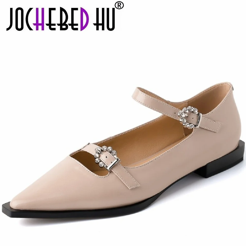

【JOCHEBED HU】Spring New Women Casual Genuine Leather Loafers Single Shoes Pointed Toe Flat Heel Ladies Battle Shoes Shallow
