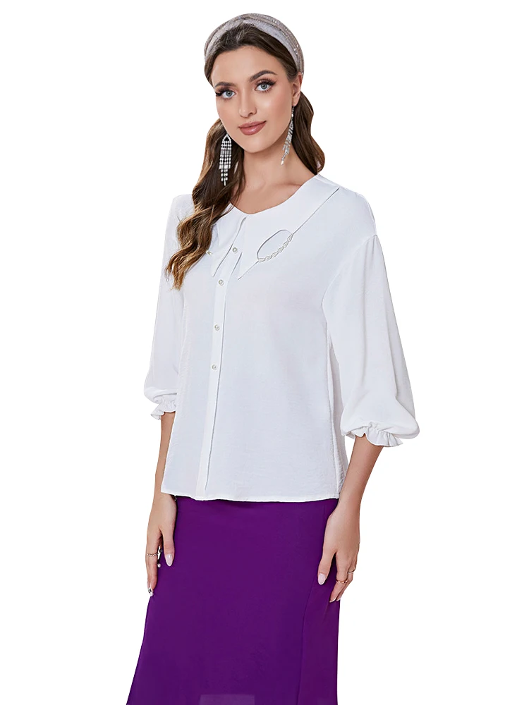 

Abaya Muslim Shirts Women Clothing 3/4 Sleeve Turn Down Collar Tops 2022 Fashion Solid Casual Islam Jalabiya Muslim Blouses Tops