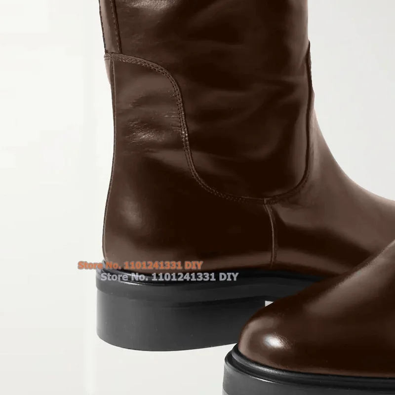 Smooth Leather Round Toe High Top Upper Riding Boots Women Knee High Boots Women Buckle Strap Long Boot Plus Size 35-46