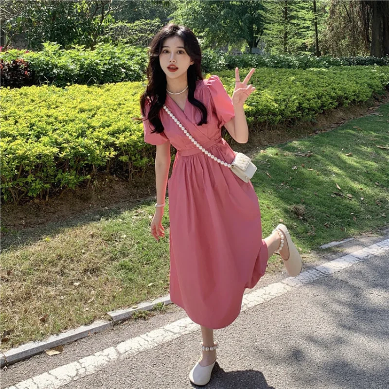 

Style Casual Korean Women Fashion Sweet Daily A-line Sleeve Girls Vestido Feminino Summer Dress Puff Solid Midi V-neck Folds For