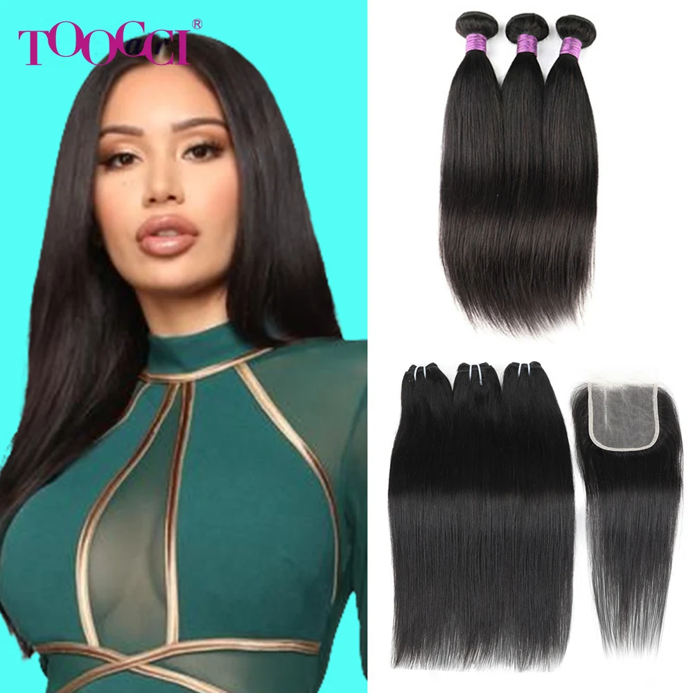 

Toocci 3 Bundles with Closure Straight Brazilian Human Hair Bundle 4X4 Hand Tied Closure Frontal Pre Plucked Remy Hair Extension