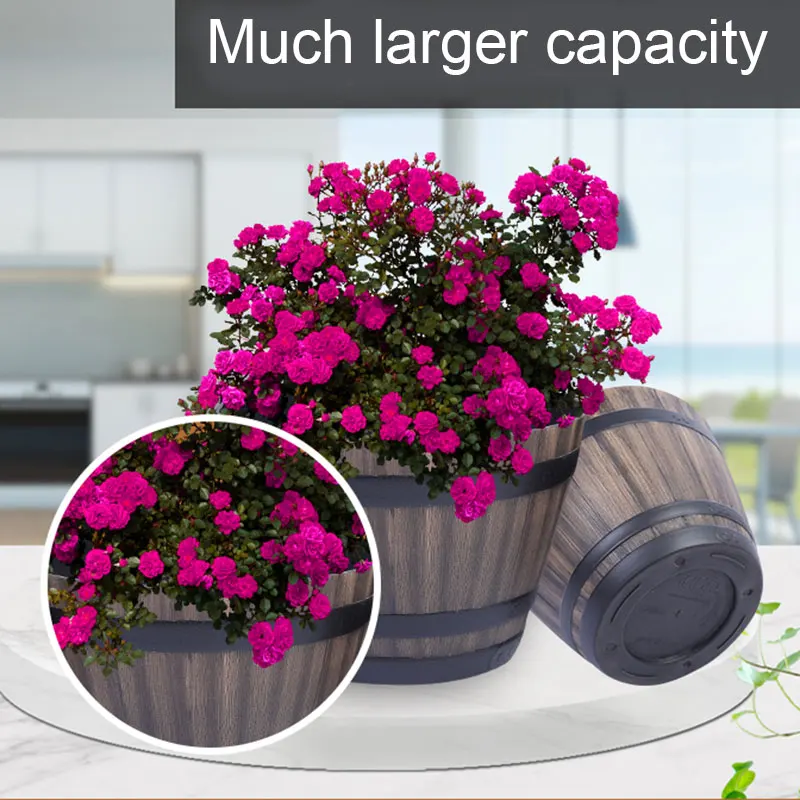 

Resin Whiskey Barrel Indoor Outdoor Flower Pot Round Planter Garden Yard Decorate Green Planting Pot Flowerpot Vintage Style