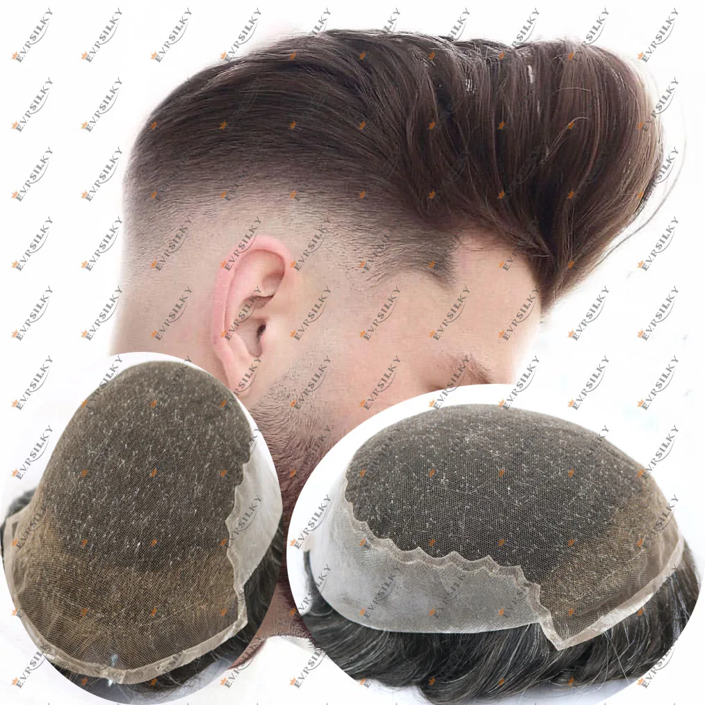 

Q6 Swiss Lace &Thin Skin Pu Men Toupee Natural Hairline Lace Front Male Wig 100% Indian Human Hair Replacement System Prosthesis