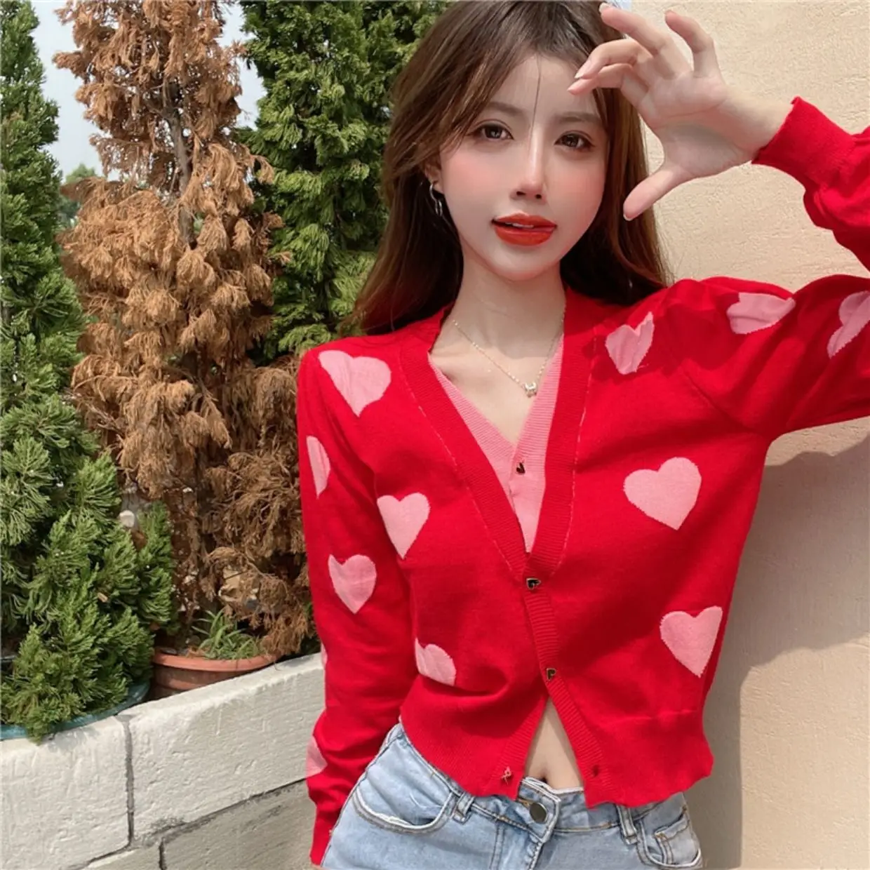 

DAYIFUN Fake Two-piece Love Knitted Cardigan Coat Women 2022 New Sweet Spring Top Short Long-sleeve Sweaters Outer Wear Knitwear
