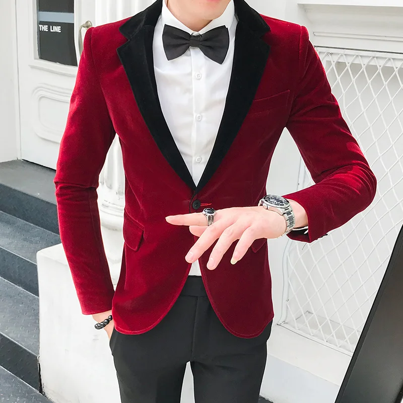 

Red Velvet Single Suit New Abrigo Casual Hombre Blazers Mens Slim Fashion Stage Jackets Designer Indian Suits