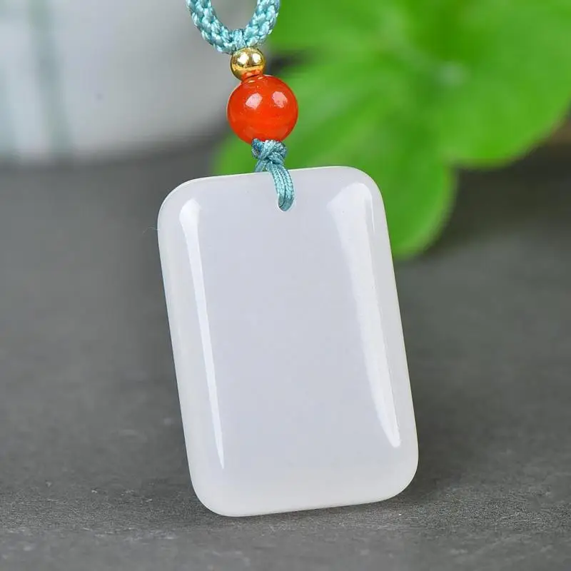 

19*28mm White Jade Rectangular Pendant With Rope Chain Genuine Nephrite Hetian Jades Charms Necklace Men Women Lucky Amulet Gift