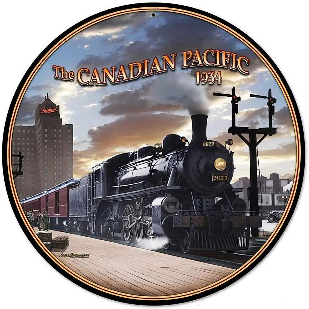 

Canadian Pacific 1934 Train Round Metal Tin Sign Bar Cafe Home Garage Wall Decoration 12 Inch metal decor farmhouse