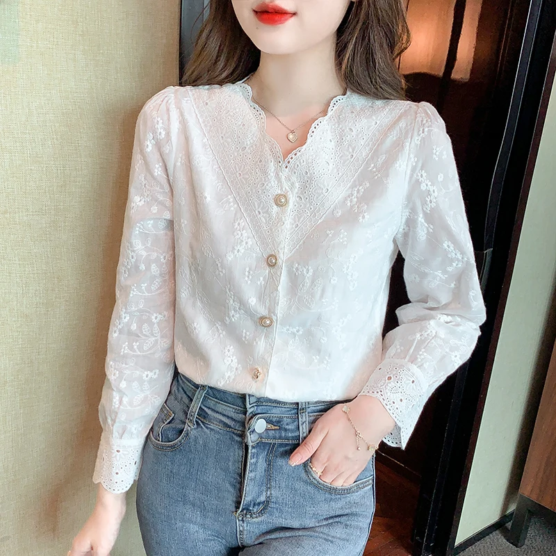 

Autumn Women's Long Sleeve V-Neck French Princess Sleeve Solid Lace Embroidery Shirt Blouse Women Blusas De Mujer Camisas A209