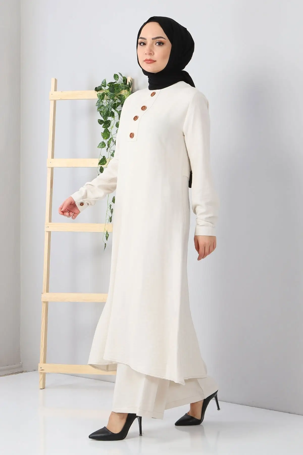 Button Hijab Kombin Ecru Sub-Top Suits Clothing