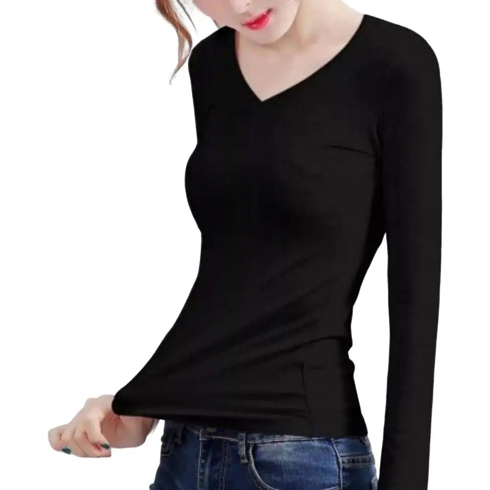 

Close-Fitting Trendy Women Thickened Velvet Lining Heating Thermal Top Skinny Bottoming Blouse V Neck for Office