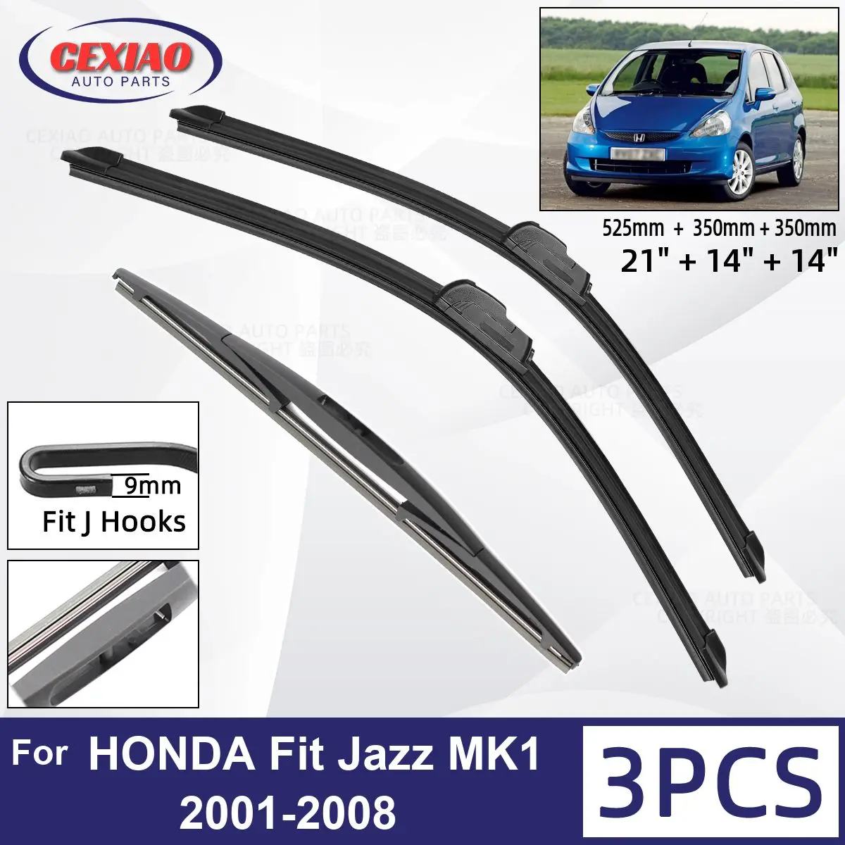 

For HONDA Fit Jazz MK1 2001-2008 Car Front Rear Wiper Blades Soft Rubber Windscreen Wipers Auto Windshield 21"+14"+14" 2006 2007