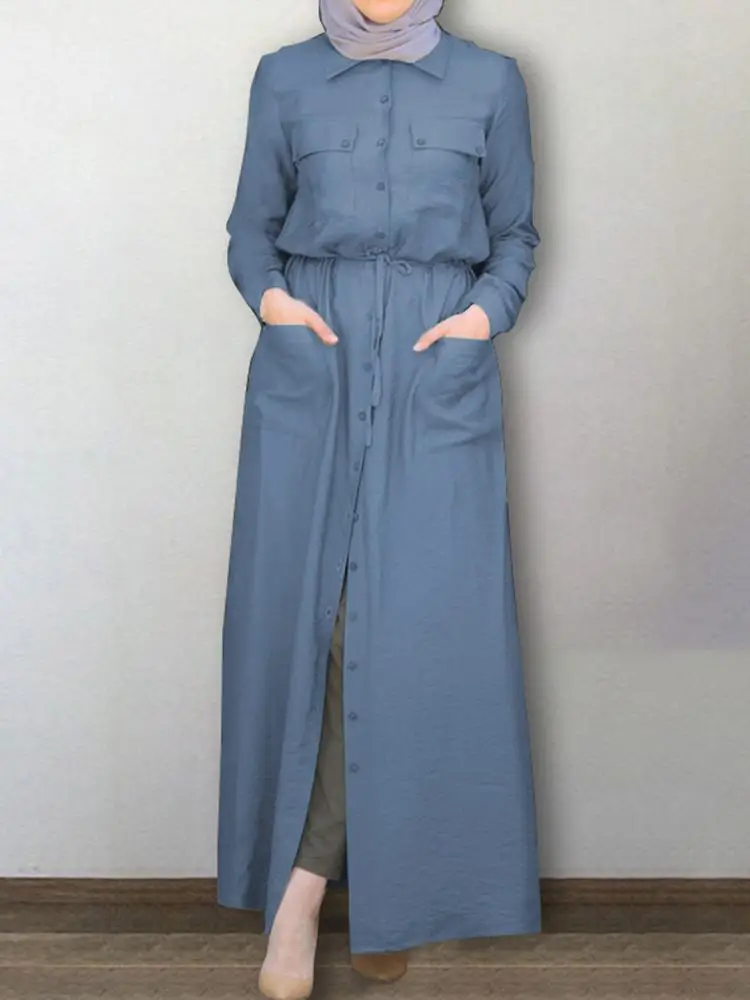 

ZANZEA Women Lapel Neck Long Sleeve Muslim Hijab Dress Elegant Long Shirt Dress Casual Drawstring Sundress Abaya Vestido Kaftan