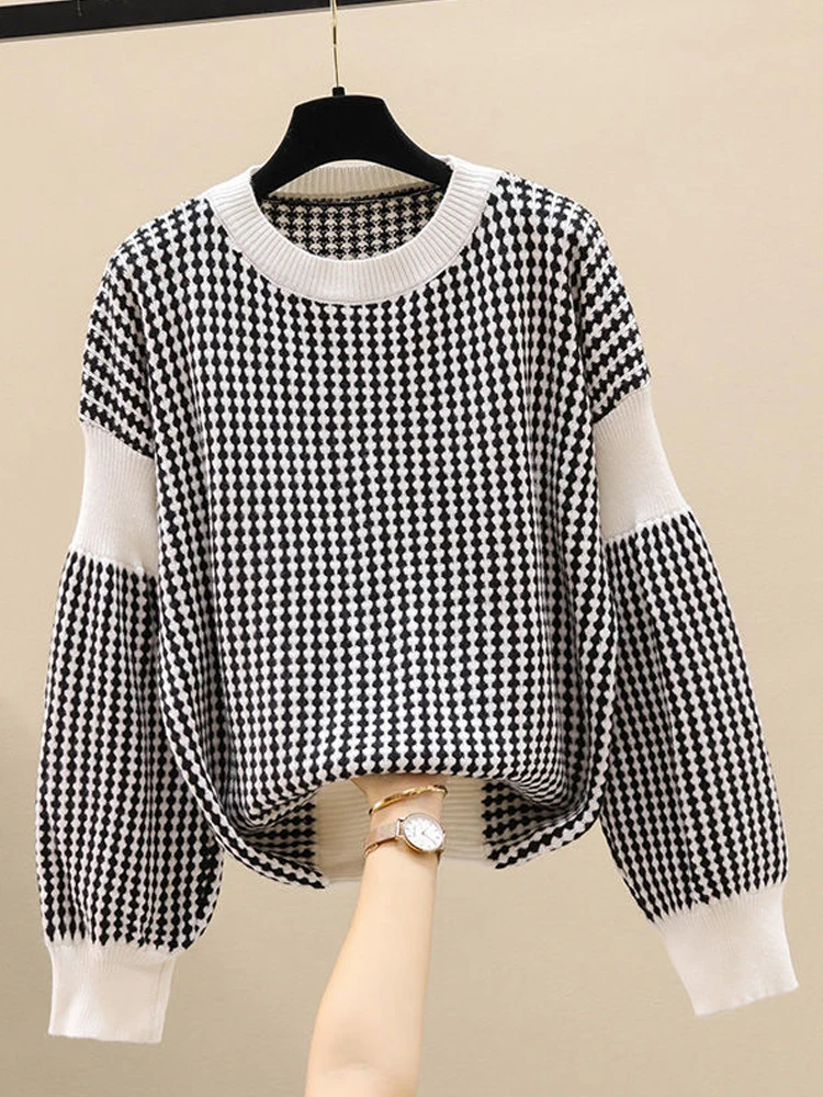

Women Pullover Sweaters 2022 Female clothing Fall Winter Striped Polka Dot Print Simple Loose Long Sleeve Knitted Jumper