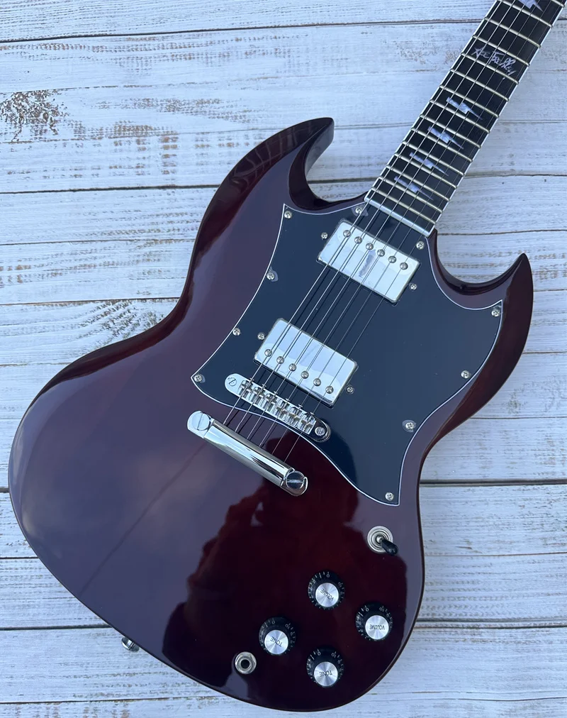 

SG electric guitar, custom signature lightning inlaid fingerboard, dark red, silver accessories, quick shipping