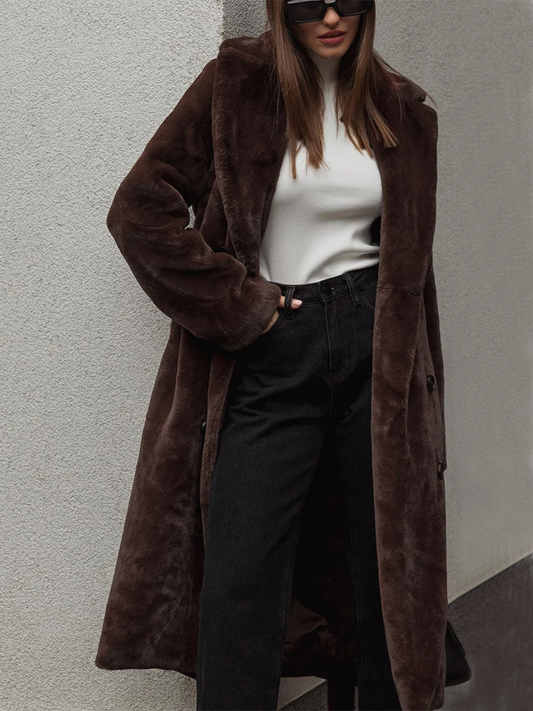 

Elegant Women Long Fur Coat 2022 Winter Turn-down Collar Double Breasted Overcoat Outerwear Ladies Luxury Faux Fur Coats Belt