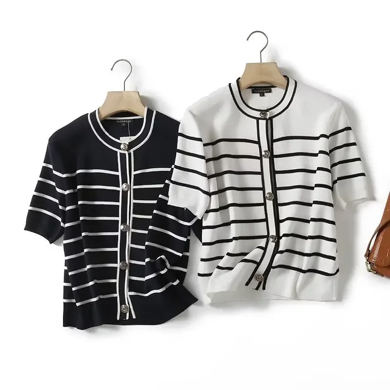 2024 ранняя осень новый твидовый стиль женский пуловер с короткими рукавами на