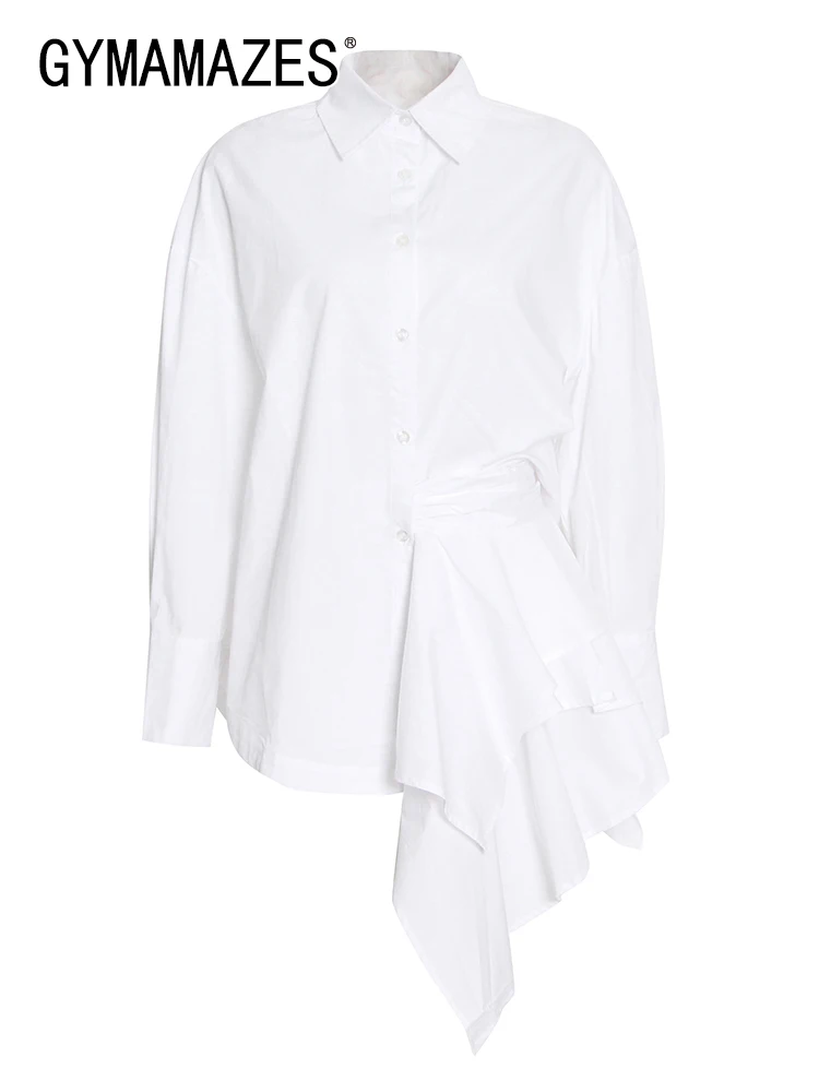 

GYMAMAZES Elegant White Blouses For Women Lapel Collar Long Sleeve Button Through With Belts Shirts Female Spring Clothing Style