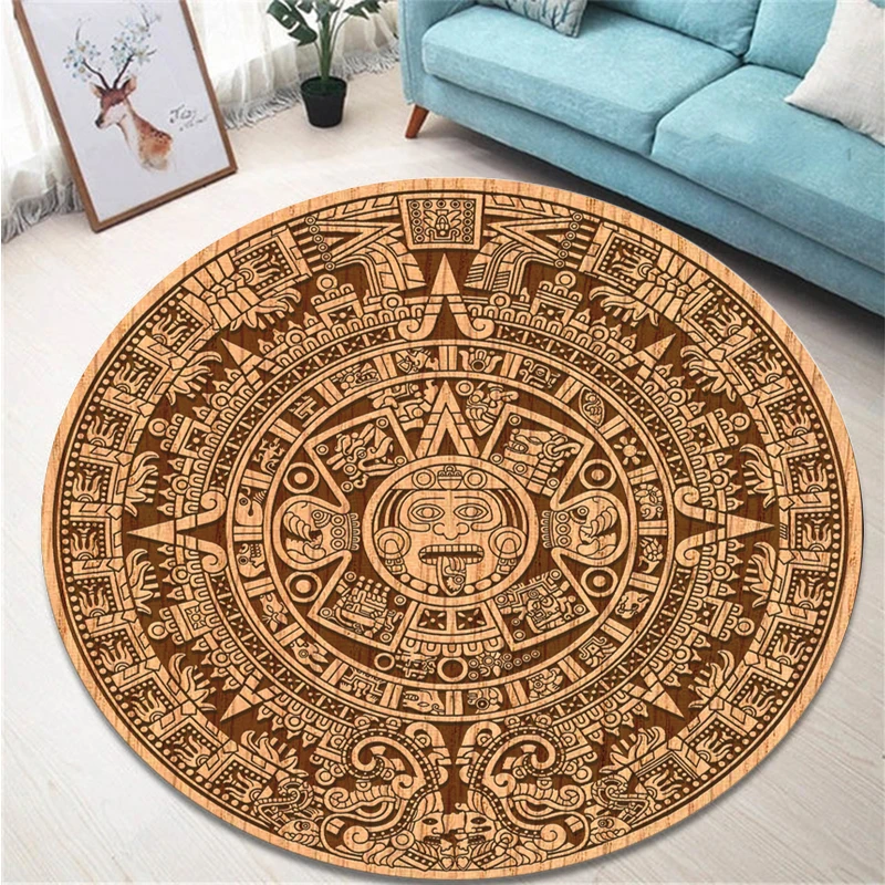 

Maya calendar printed circular carpet of ancient Aztecs ethnic tribes, living room and bedroom decorative floor mats, chair mats