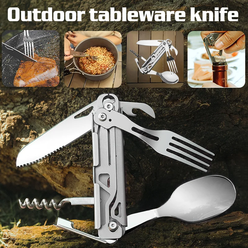 

Folding Cutlery Stainless Multifunction Pocket Knife Portable Camping Multitool Outdoor Cutter Fork Spoon Corkscrew Tableware
