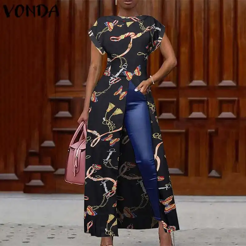 

VONDA Female 2022 Summer Chemise Women Long Shirts Printed Tunic Blouse Tops Elegant Long Shirts Split Party Blusas Oversized