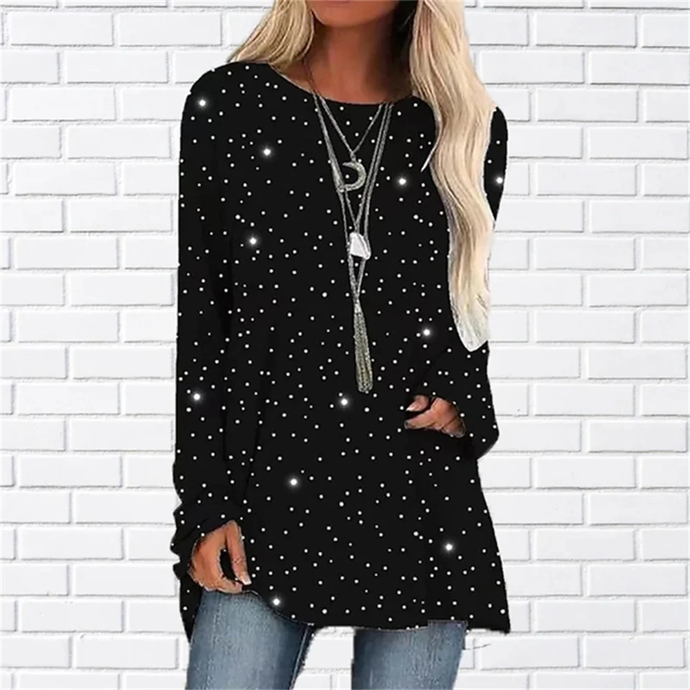 

Spring Autumn Women's T Shirt Casual Holiday Weekend Painting T Shirt Tee Long Sleeve Sparkly Print Round Neck Basic Tee Shirt