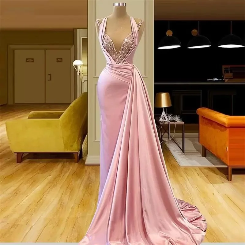 

Gorgeous Pink Mermaid Evening Dresses Sleeveless Sequined Prom Dresses Stain Sweep Train Celebrity Women Formal Party Pageant