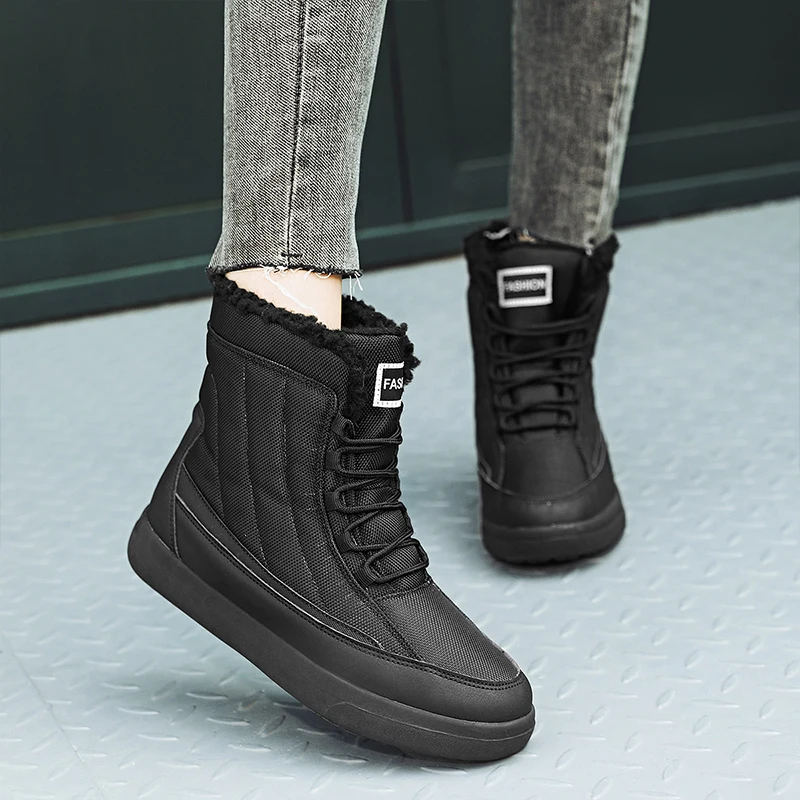 Unisex Winter Boots Warm Anti-skid Snow Boots Women Waterproof Outdoor Ankle Fur Hiking Shoes Lady Lace Up Sneakers