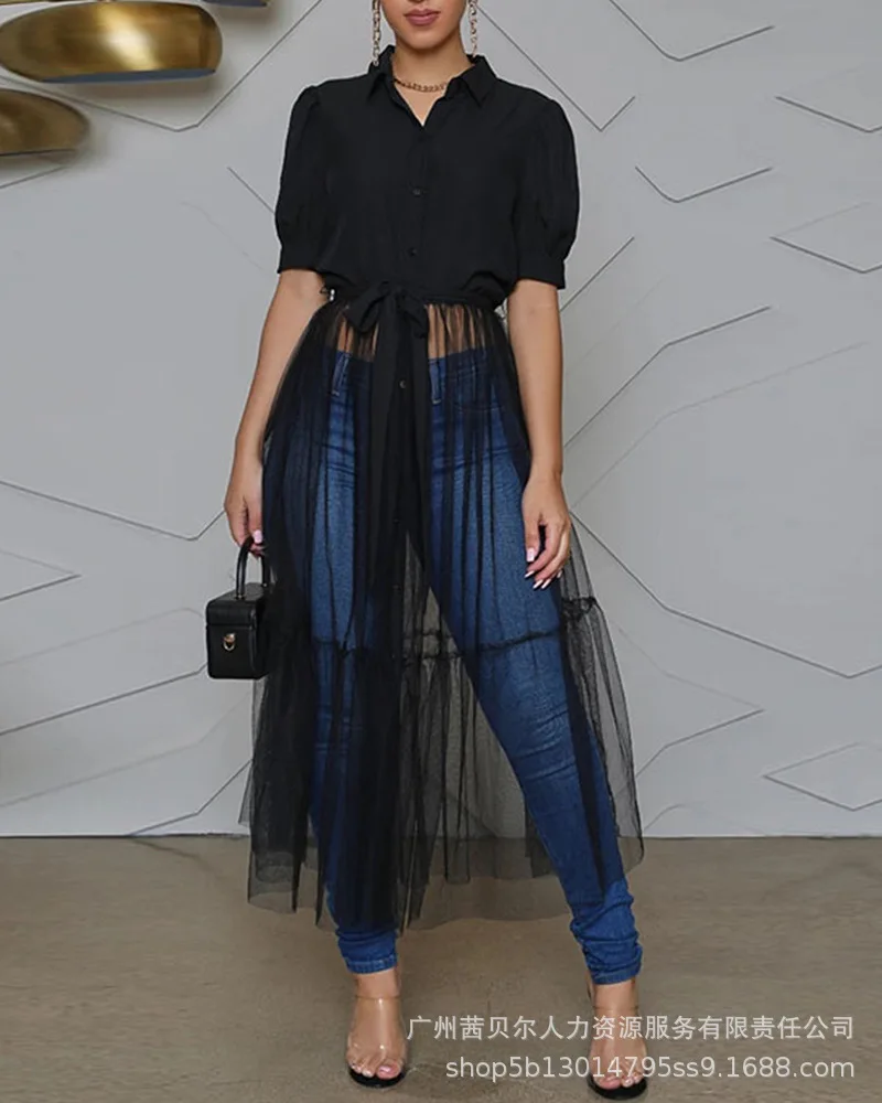 

Tied Detail Puff Sleeve Sheer Mesh Patch Shirt Women Party Evening Dress Tuxedo Shirt Black Fashion Long