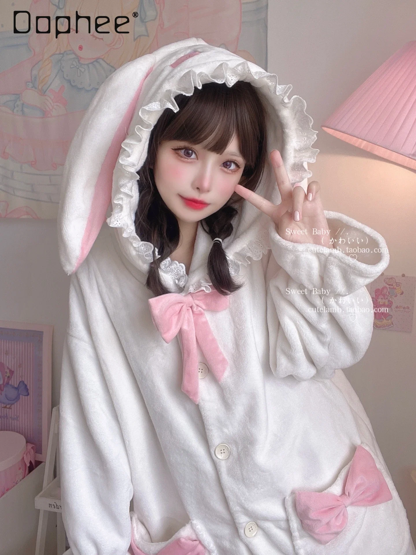 Милый костюм из двух предметов с кроликом Фланелевая пижама капюшоном