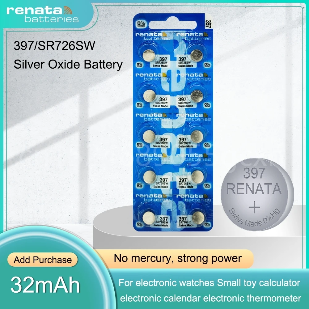 Аккумулятор для часов Renata 397 SR726SW AG2 LR726 1,55 в, оксид серебра, 396A SR726