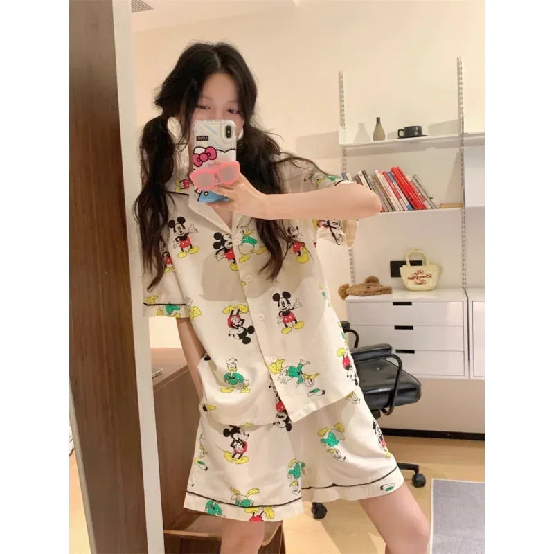 Новая шелковая пижама Disney с Микки Маусом Женские Простые шорты коротким рукавом