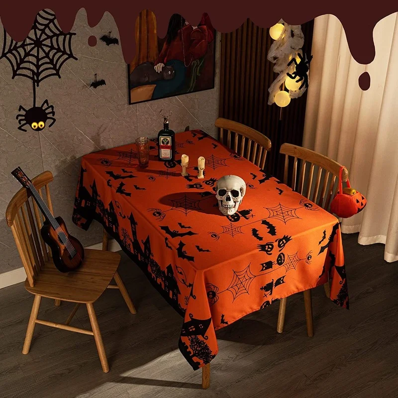 

Orange Linen Tablecloth Halloween Tablecloth Home Kitchen Party Decor Rectangular Dining Table Spider Web Print Dust Tablecloth