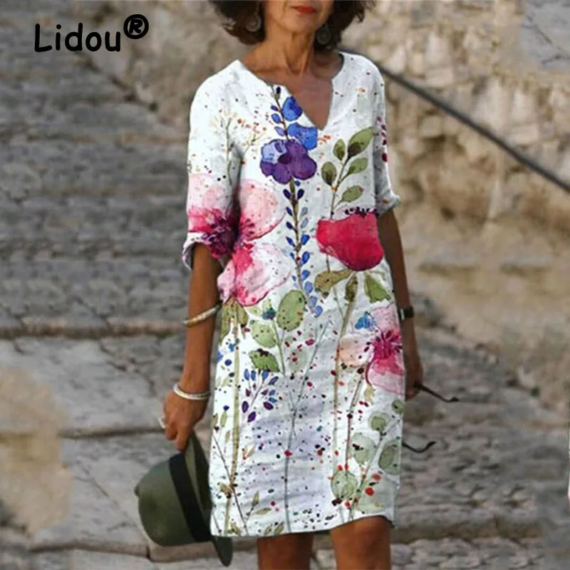 

Female Casual Vintage Printing Pullover Midi Dress 8 Models Summer Fashion Loose Oversized V-Neck Woman Clothes Street Dresses