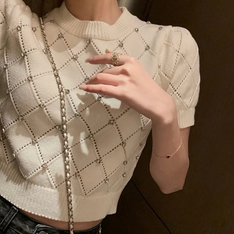 

Женский трикотажный пуловер, элегантный летний джемпер с круглым вырезом и узором ромбиками, короткая трикотажная одежда в Корейском стиле...