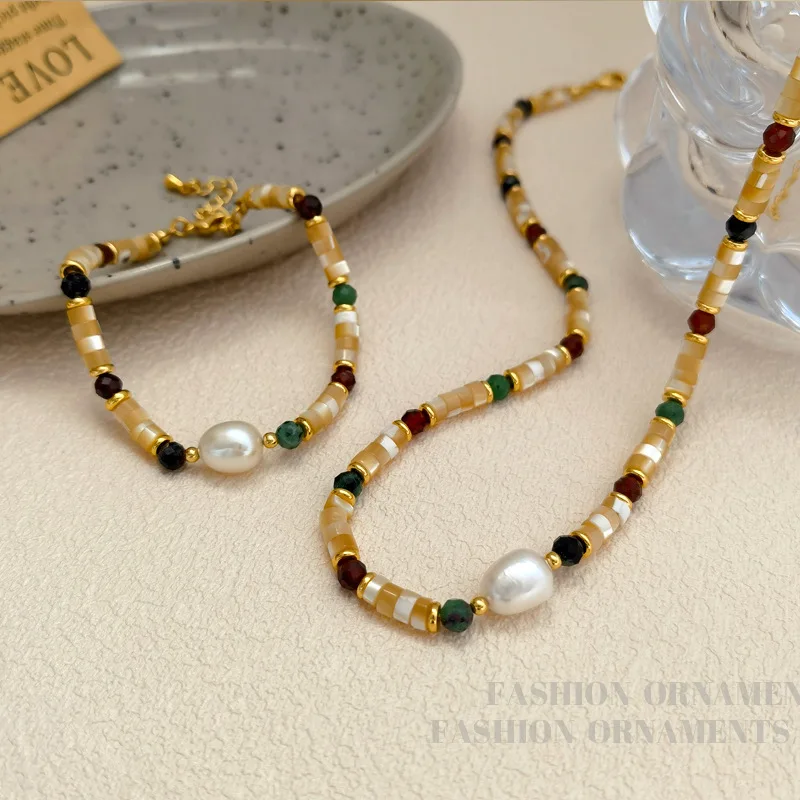 

Natural Pearl Stone Colorful Handmade Boho Necklace Women Stainless Steel Aesthetic 18KGF olor Fashion Jewelry 2023