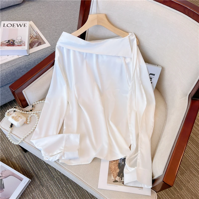Vintage Blusas Femininas White-shouldered Shirt Women's Blusas Mujer De Moda 2023 Verano Summer New Satin Women Top 680i